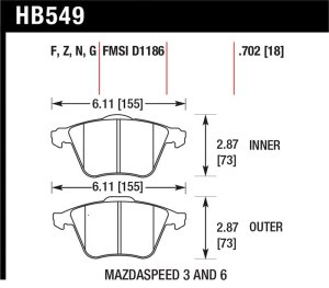 Mazda Mazdaspeed3 Brake Pads - Front - Hawk Performance - HP+ Compound - `07-`08 Mazda Mazdaspeed3 Brake Pads - Front - Hawk Performance - HP+ Compound - `07-`08